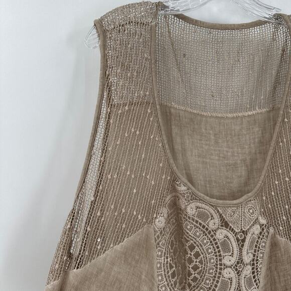 Lagenlook Tan Scoop Neck Embroidered Crochet Tassel Cover-Up Tank Top One Size - Picture 6 of 10